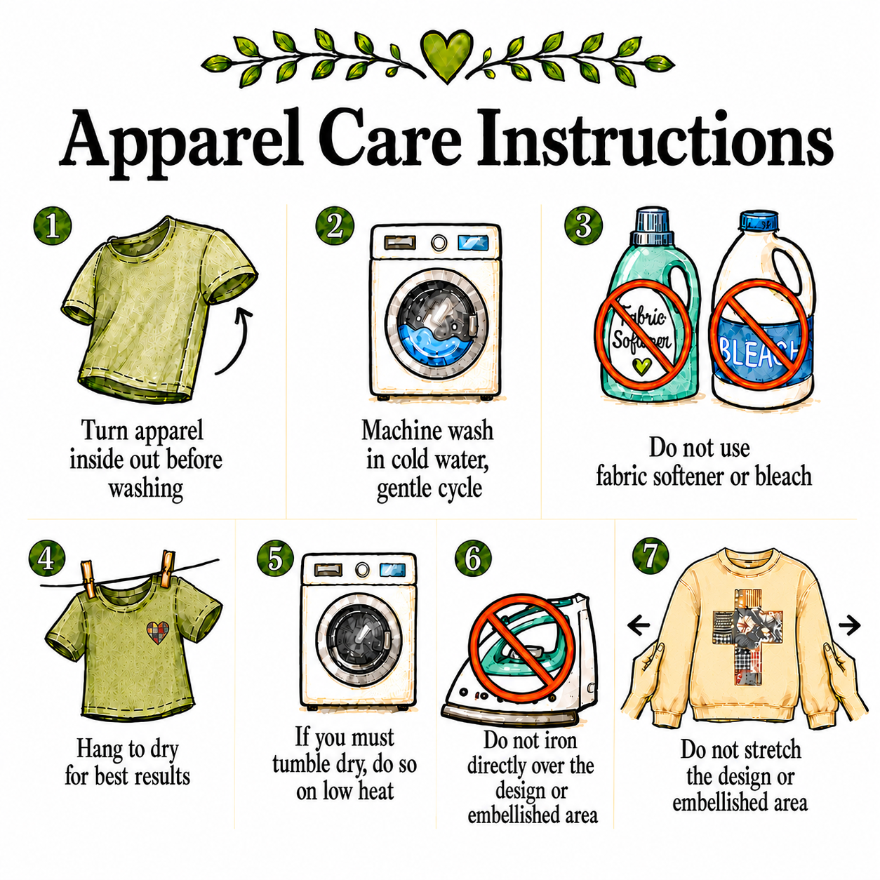 Illustrated Wildwood Bend apparel care instructions for washing and drying printed apparel