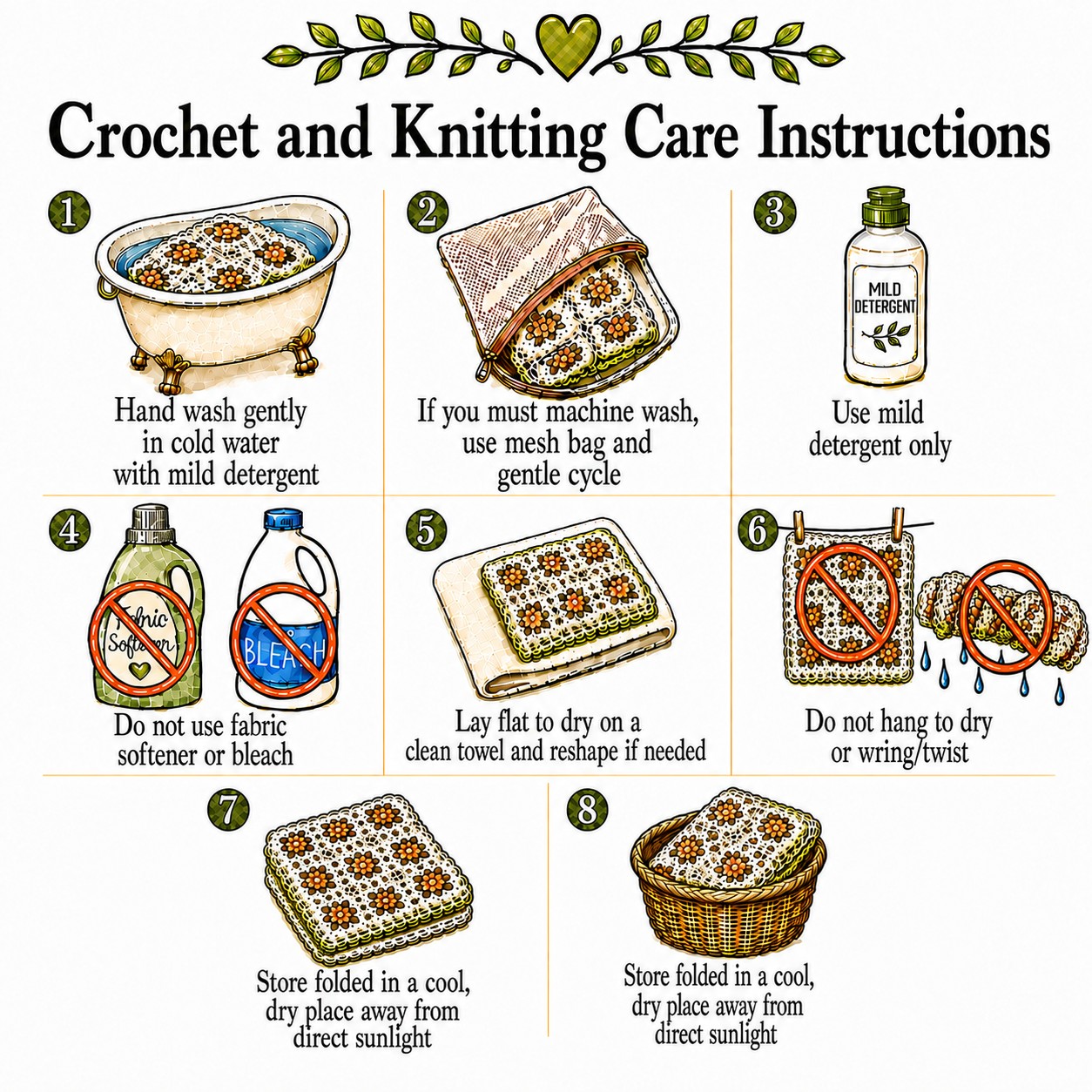 Illustrated care instructions for crochet, knitting, and other yarn based items