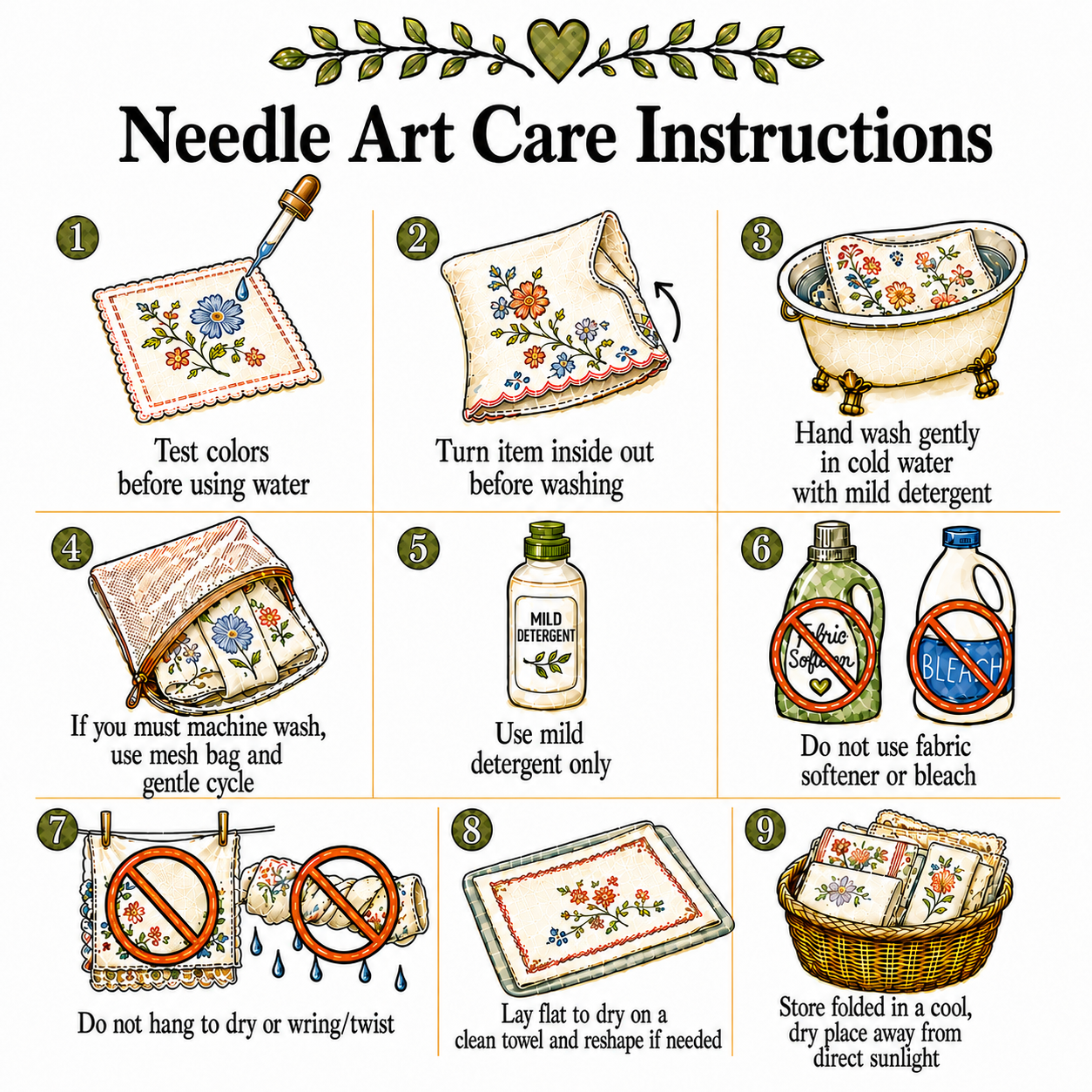 Illustrated care instructions for embroidery, cross stitch, and other needle art items